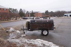 lot 327 image: Large gas grill on trailer with two 100# tanks