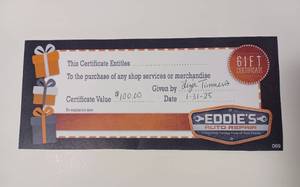 lot 103 image: Eddiess Auto Repair $100 Gift Certificate