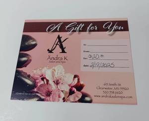 lot 106 image: Andra K Salon and Spa $20 Gift Certificate