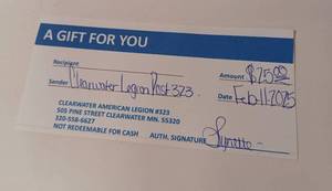 lot 107 image: Clearwater Legion Post 323 $25 Gift Certificate