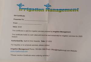 lot 113 image: Irrigation Management $200 Gift Certificate