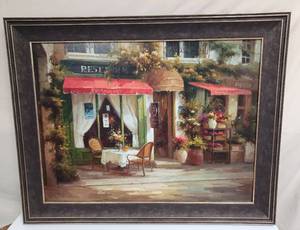 lot 132 image: Large Outdoor Cafe Print with Dark BronzeGold Highlighted Frame