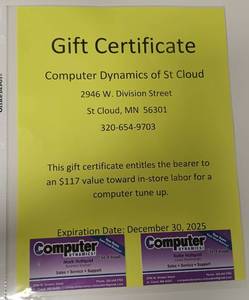 lot 134 image: Computer Tune Up Certificate by Computer Dynamics