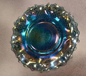 lot 136 image: Blue Carnival Glass Ruffle Edge Bowl 10.25