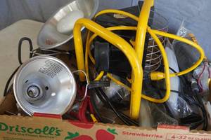 lot 140 image: 3) Spot lights, trouble light, battery cables & more