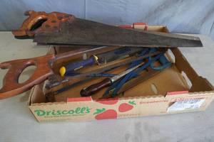 lot 153 image: Five pin hand saw, meat saw, files