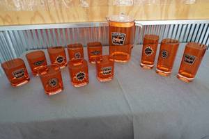 lot 54 image: Plastic Pitcher, 8 small, 3 tall glasses