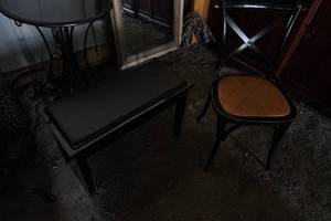 lot 43 image: Black Ebony Piano Bench & Black Cane seat chair