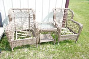lot 64 image: Two Wicker Chairs & Glass top small table (no cushions)