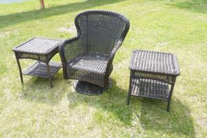 lot 65 image: Three piece Wicker set, swival chair & two tables
