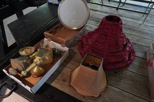 lot 81 image: Two lamp shades, Two scones, inside light fixture