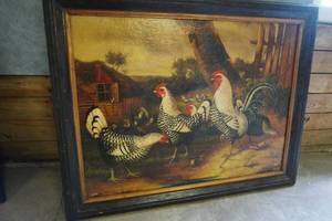 lot 111 image: Rooster & Hens Painting 46 X 37 T