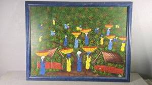 lot 2 image: Oil Painting Village Women by L Pierre, 44x34 Framed