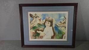 lot 4 image: Framed Watercolor by John Heckman - Girl and Deer, 31x27 Inches