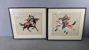 lot 5 image: Framed Gouache Prints Samurai Onna-bugeisha on Black & White Horses