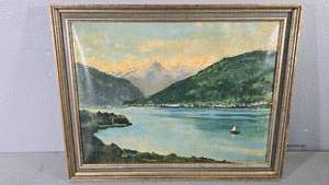 lot 7 image: E Erickson Oil Painting Sailboat on Lake, 1969, 26x22 Framed