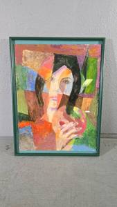 lot 10 image: Cubist Woman, Framed Acrylic on Paper, 20x16 inches