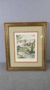 lot 11 image: Klein Hand Painted Engraving, St. Sebastian Church, Framed Art, 14x17