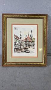 lot 12 image: Klein Hand Painted Engraving of Michelstadt City Hall, Wood Frame, 14x12in