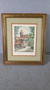 lot 13 image: Framed Hand Painted Engraving, Mystery Artist, Wood Frame, 17x15