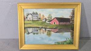 lot 16 image: Framed Watercolor Painting, Lake, Barn and Farm House, Mystery Artist