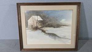 lot 17 image: Cabin on Snowy River by P Henry, Framed Watercolor, 18x14 inches