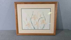lot 20 image: Marie Frances Embossed Watercolor Flowers 1991, Wood Frame