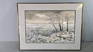 lot 24 image: Agnes Brevig Winter Trees Framed Watercolor Painting, 29x25 inches