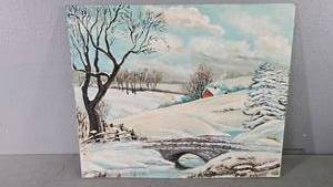 lot 26 image: Florence Oil Painting, Winterscape Folk, 16x20 in. Winter Landscape