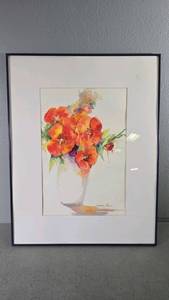 lot 28 image: Sandra Sandy Piano Watercolor Painting, Flowers and Vase, 22x28 Inches