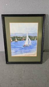 lot 30 image: Framed Watercolor Painting Sailboat by Fae, 11x14, Signature Included