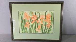 lot 36 image: Helen Kuehlman Watercolor Painting Irises 31x25 Framed