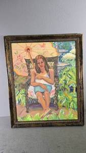 lot 39 image: Framed Oil Painting - Girl with the Distant Gaze Umbrella Fountain, 32x36 in
