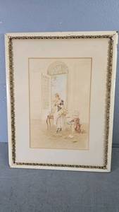 lot 43 image: Tea Service Watercolor Framed Artwork, Mystery Monogram Artist
