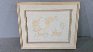 lot 44 image: Framed Embossed Watercolor by Priscilla, Approx. 23x22, Signature Included