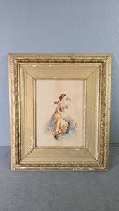 lot 45 image: Framed Watercolor Smelling the Flowers by Firnell, 18x16 Inches
