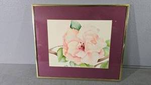 lot 46 image: Framed Watercolor Artwork Rose Bud Closeup by Mystery Artist