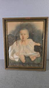 lot 48 image: Framed Artwork of Baby in Gown, Mystery Artist, 21x25 Inches