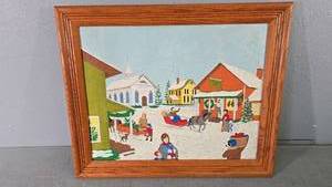 lot 49 image: Sleigh through the Town Acrylic on Felt, Wood Frame, Possible Joseph Holodook