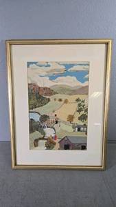 lot 51 image: Grandma Moses Framed Lithograph Art Landscape, 22x18 Frame