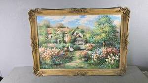 lot 54 image: Mid-Century Framed Painting, Spring Flower Garden, Mystery Artist, 41x29 in
