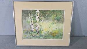 lot 57 image: Watercolor by Edna Eide, Birch at Forest Edge, Metal Frame