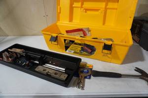lot 58 image: Yellow tool box, vise grip, tape measures