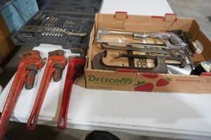 lot 77 image: Pipe wrench, C clamps, bit & drive set