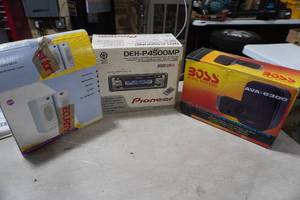 lot 98 image: Pioneer car radio, Boss speakers, computer