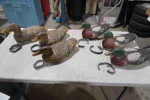 lot 100 image: Six carved wooden duck decoys