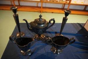 lot 271 image: Silver service, tea pot, Cream & sugar, candle holders