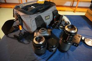 lot 276 image: Konica Auto reflex camera with case, lenses, Pentax