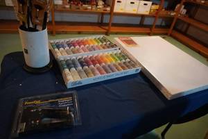 lot 282 image: Two canvases, new paint brushes. Acrylic paint, stapler