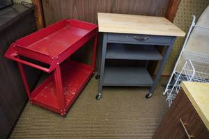 lot 12 image: Red Metal Roller Cart, Wood serving cart